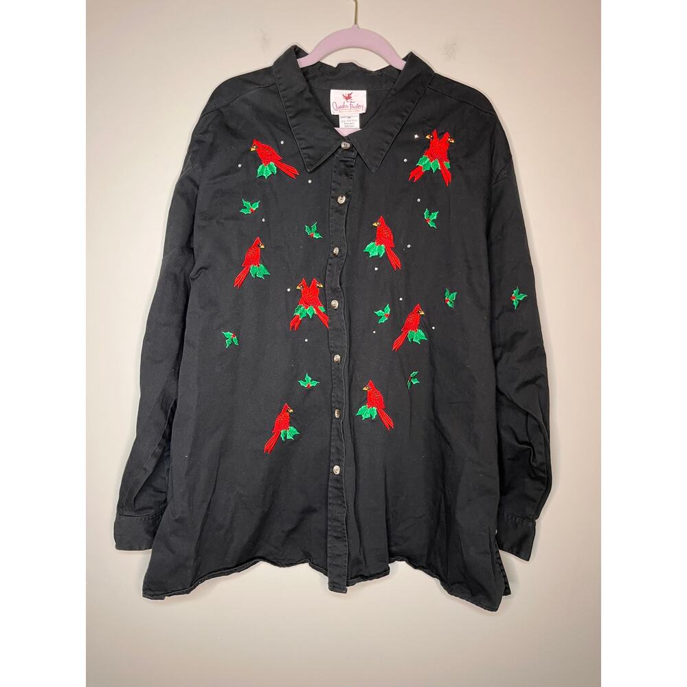 2000s Quacker Factory Christmas Holly Holiday Cardinals Festive Sparkle Shirt 3X